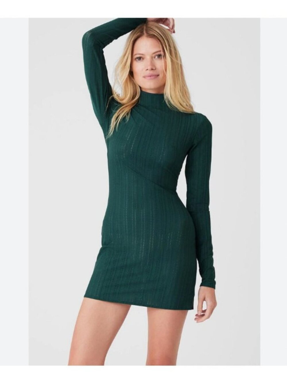 Alo Yoga Euphoria Dress Womens Size Small Green Knit Mock Neck Mini Bodycon